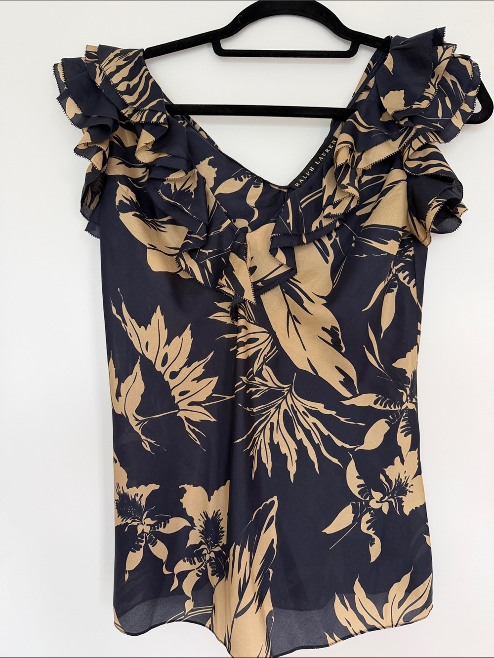 Ralph Lauren Navy and Tan Floral Ruffle Camisole Top